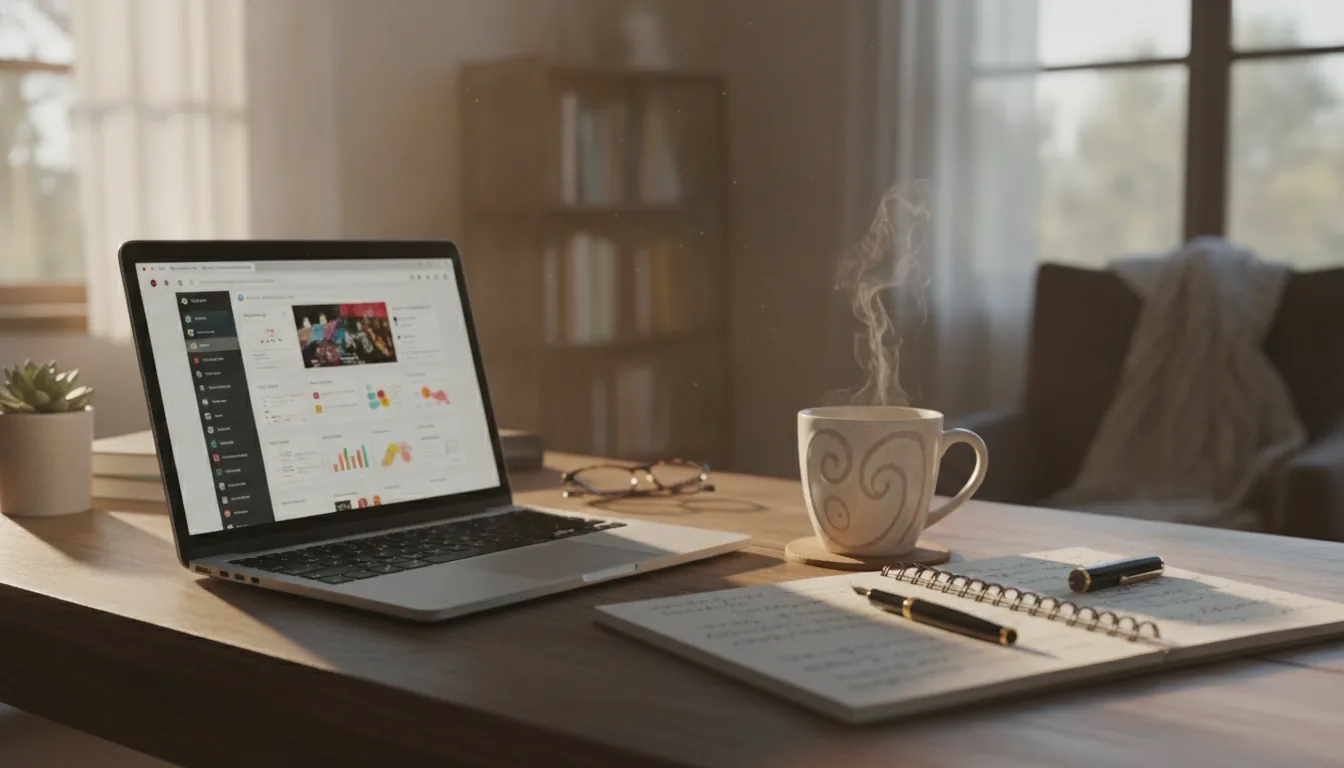 A cozy home office desk with a laptop open to a blog dashboard, a mug of coffee, and a notebook with handwritten notes, bathed in warm morning light.