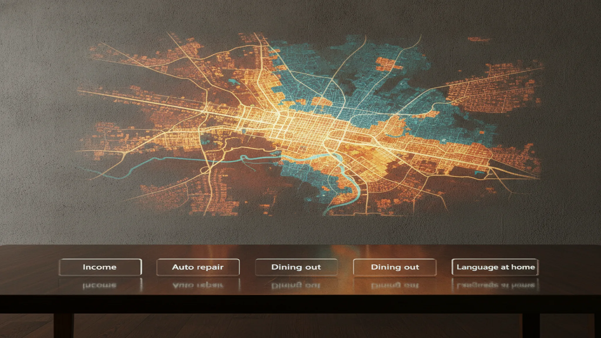 A glowing neighborhood-level targeting heatmap with variable chips for household income, auto repair, dining out, and language at home, showing where a small business's budget is being aimed.